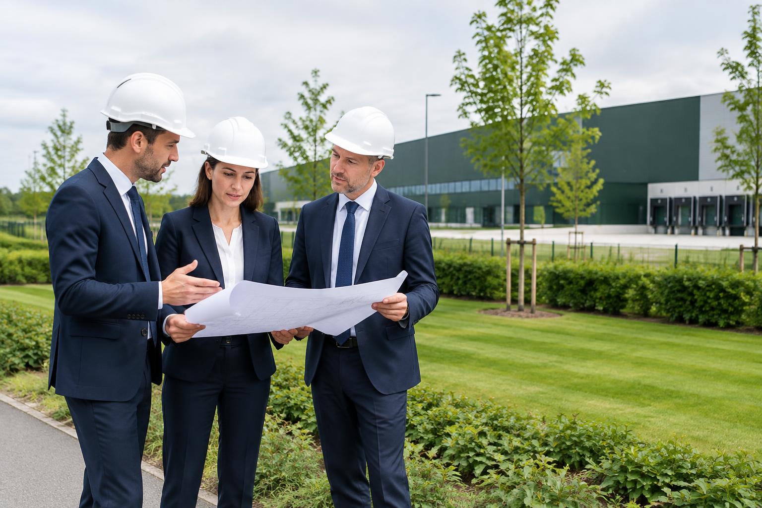 Surveyors in suits and hard hats reviewing plans on a landscaped industrial site